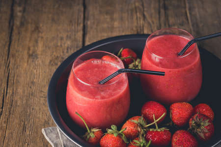 Strawberry Smoothie Healthy and Diet Drink Detox Wooden Background Horizontalの写真素材