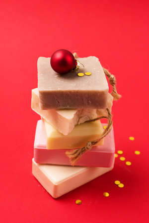 Stack of Bars Handmade Natural Soap with Clay on Red Background Original Handmade Gift l Soap for...