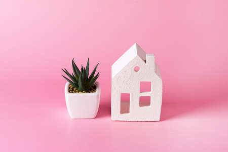 Miniature white toy house and succulent on pink pastel background Trendy Background Property Insurance dream home concept copy spaceの写真素材
