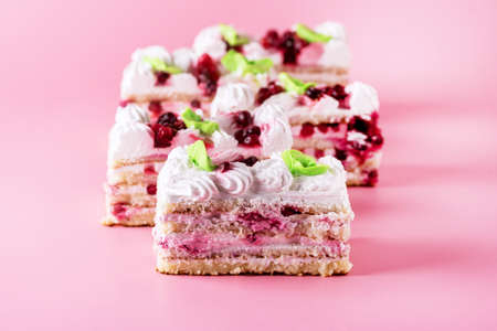 Pieces of Tasty Homemade Biscuit Cake on Pink Background Tasty Dessert with Cream Horizontalの写真素材