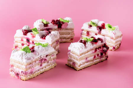Pieces of Tasty Homemade Biscuit Cake on Pink Background Tasty Dessert with Cream Horizontalの写真素材