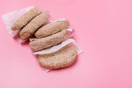 Frozen Ground Meat Cutlets Pink Background Frozen Semi Finished Products Horizontal Top View Copy Spaceの写真素材