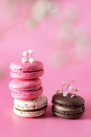 French Colorful Macarons Colorful Pastel Macarons on Pink Background White Pink and Brown Macaron with Flowers Verticalの写真素材
