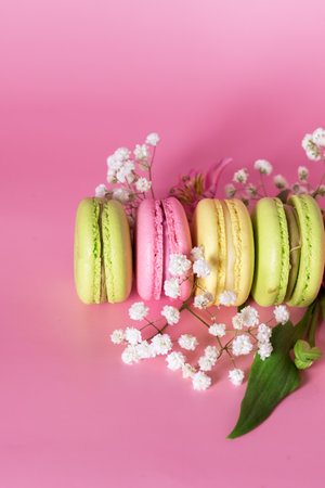 Pink Background with Macaroons and Variety Flowers Modern French Delicate Dessert Verticalの写真素材