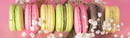 Macarons of Different Color on Pink Background Flower Long Top Viewの写真素材