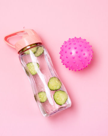 Detox Infused Water with Cucumber in Sports Bottle with Cut Pieces of Cucumber and Back Rollers Pink Backgroundの写真素材