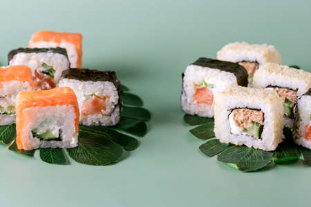 Various Kinds of Sushi on Green Background Tasty Japanese Food Horizontalの写真素材