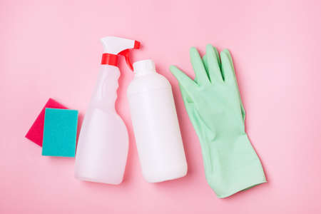 Cleaning Creative Background Cleaning tools and Utensils Accessories Flatlay Pink Background Trendy Pop Styled Background Copy Spaceの写真素材