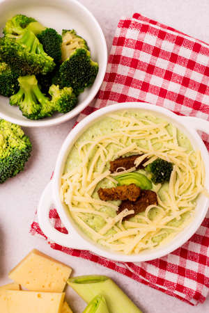 White Bowl of Creamy Broccoli Cheese Soup Healthy Diet Food Square Top Viewの写真素材