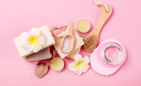 Care Products Soap Sea Salt Brush Face Face Sponge Body Oil After a Bath on Pink Background The Concept of Home Spa Top Viewの写真素材