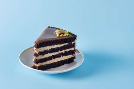 Homemade Chocolate Cake with Vanilla Cream on a Blue Background Decorated with Nuts Tasty Dessert Horizontal Copy Spaceの写真素材
