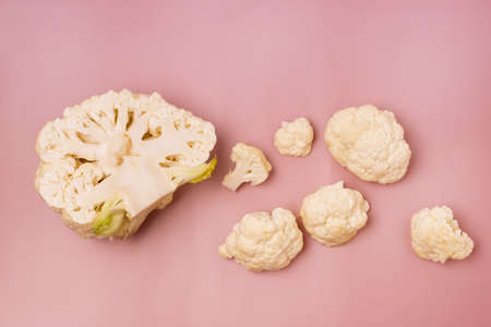 Farm and Organic Cauliflower on Pink Background Vegetable Top View Horizontalの写真素材