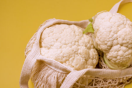 Organic Cauliflower Ecological Reusable Mesh Bags Made of Organic Cotton Zero-Waste Concept Yellow...