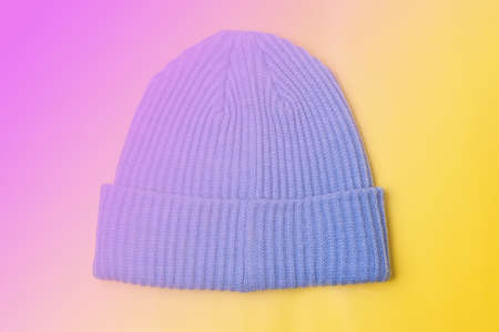 Blue Woolen Hat on Yellow Background Horizontal Tonedの写真素材