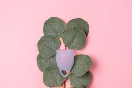 Women Health Concept Zero Waste Blue Menstrual Cup Fake Green Plant Leaves Background Alternative Reusable Product for Female Hygiene during Periods Minimalisの写真素材