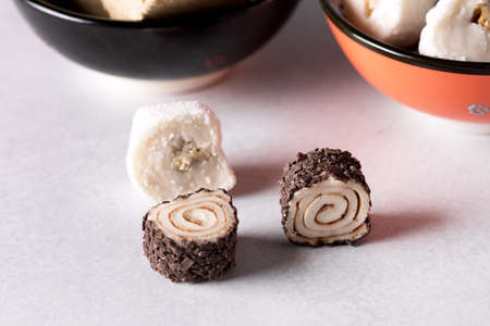 Tasty Turkish Delight on Gray Background Horizontal Lokum Dessertの写真素材