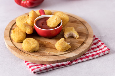 Tasty Chicken Nuggets with Tomato Sauce on Wooden Tray Light Gray Background Horizontalの写真素材