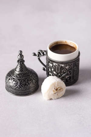 Traditional delicious Turkish coffee and Turkish delight Locum Gray Backgroundの写真素材