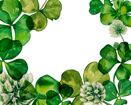 Shamrock and green clover frame watercolor on white background