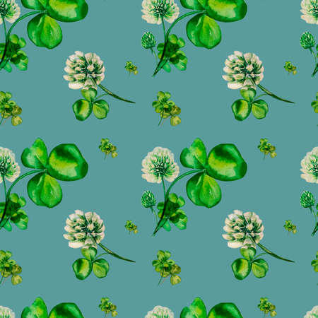 Shamrock and green leaves watercolor set on white background. Hand painted illustration, clip art. Irish symbol for postcard, wreath, designs, Isolatedの写真素材