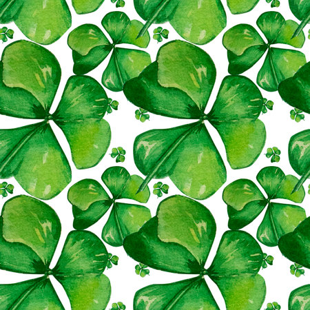 Shamrock floral seamless pattern hand drawn, St Patricks day clover green leaves watercolor, Ireland symbol on white background for design card, website, textile, wrappingの写真素材