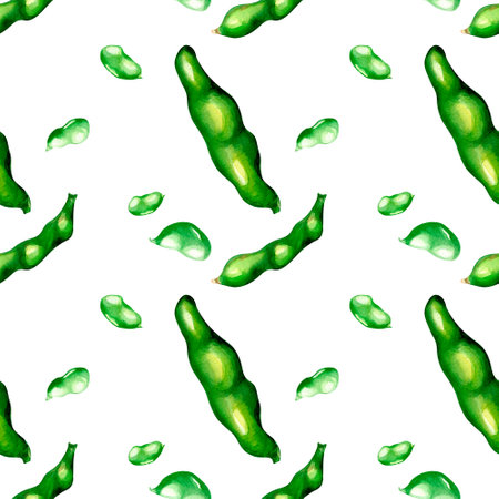 Green beans, legume watercolor seamless pattern on whiteの写真素材