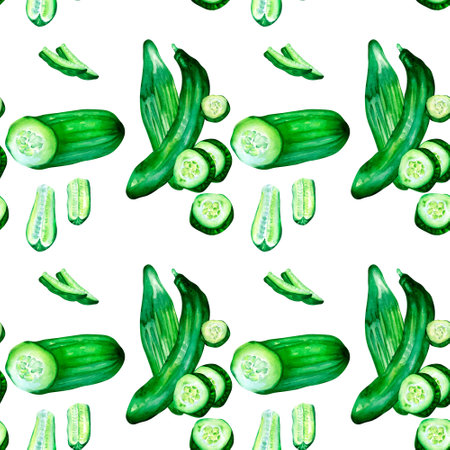 Sliced cucumber green vegetables watercolor seamless patternの写真素材