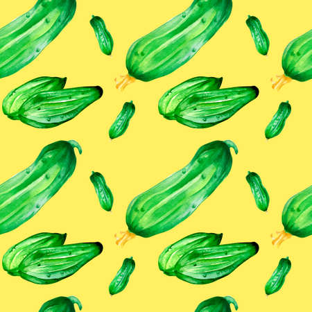 Sliced cucumber green vegetables watercolor seamless patternの写真素材