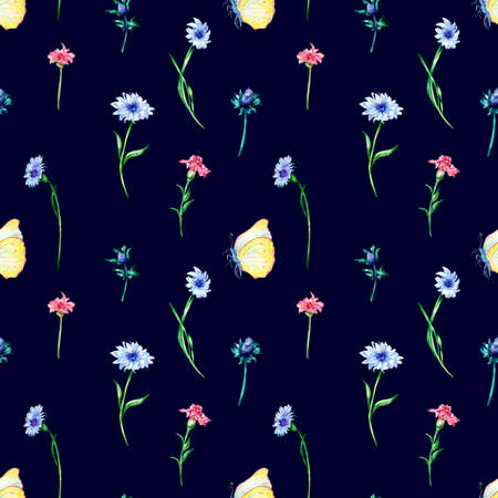 Meadow flowers with butterflies watercolor seamless pattern on darkの写真素材