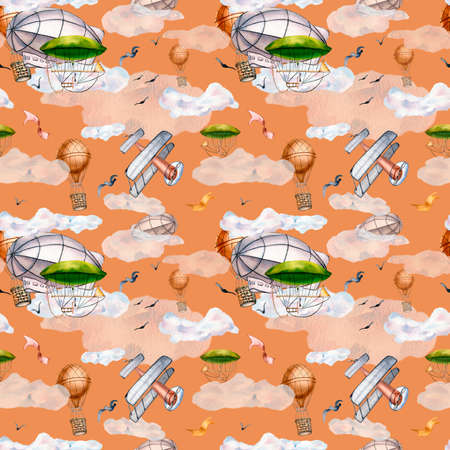 Cute retro aircrafts and balloons watercolor illustration seamless patternの写真素材