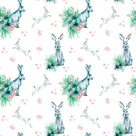 Forest animal hare, rabbit watercolor seamless pattern isolated on white.の写真素材