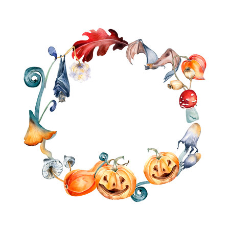 Halloween wreath with colorful pumpkins watercolor illustration isolated on white.の写真素材