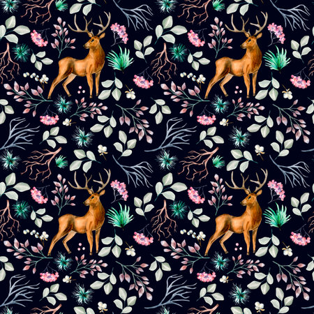 Winter plants and deer watercolor seamless pattern isolated on dark.の写真素材