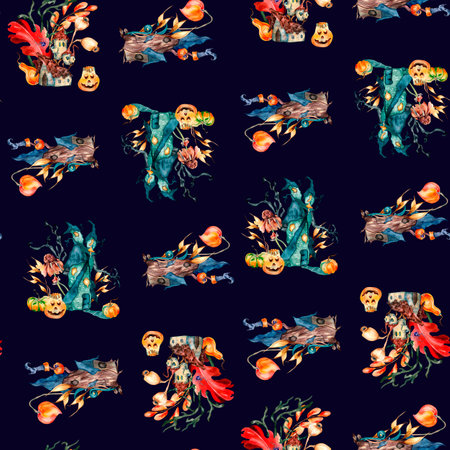 Various cute haunted houses watercolor seamless pattern isolated on darkの写真素材