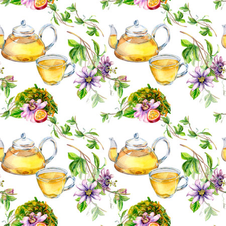 Glass teapot and cup, passion flower, stem watercolor seamless pattern isolated on white.の写真素材