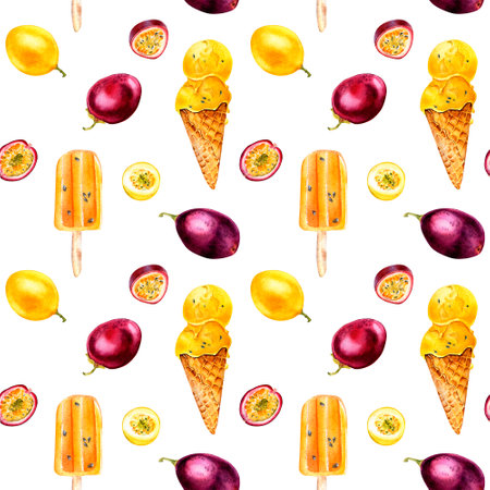 Purple, yellow maracuja and ice-cream watercolor seamless pattern isolated on white background.の写真素材
