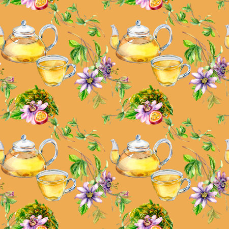 Glass teapot and cup, passion flower, stem watercolor seamless pattern isolated on beige.の写真素材