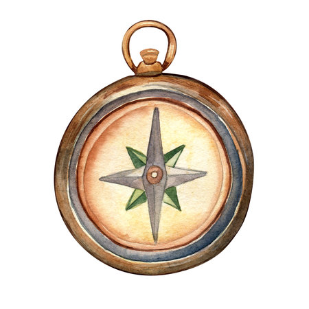 Set of nautical compass retro style watercolor illustration isolated on white background.の写真素材