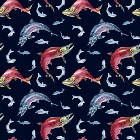 Seamless pattern of salmon, coho, chum watercolor illustration isolated on black.の写真素材