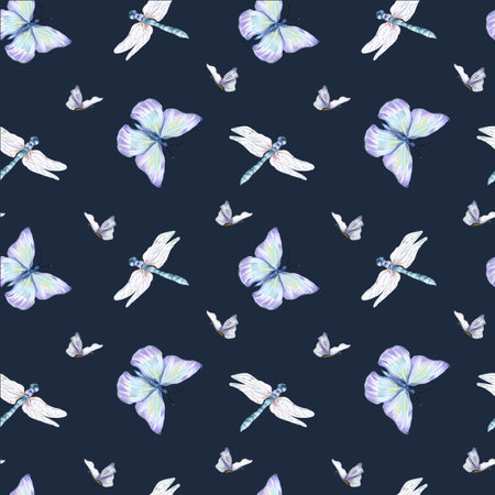 Blue butterflies, dragonflies watercolor seamless pattern on black.の写真素材