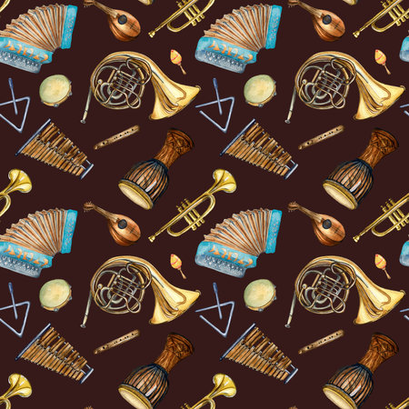 Musical instruments seamless pattern watercolor isolated on dark.の写真素材