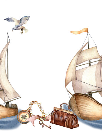 Seamless board of sailing boats vintage style watercolor illustration isolated on white.の写真素材