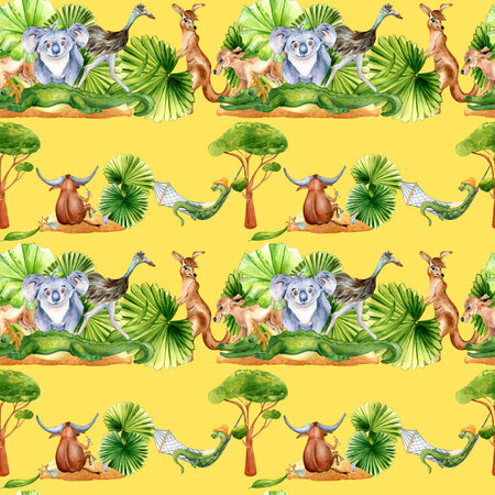 Seamless pattern of cartoon animals watercolor isolated on yellow.の写真素材