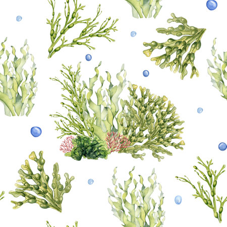 Seamless pattern of green sea plants watercolor illustration isolated on white. Laminaria, sea...