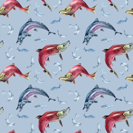 Seamless pattern of salmon, coho, chum watercolor illustration isolated on blue.の写真素材