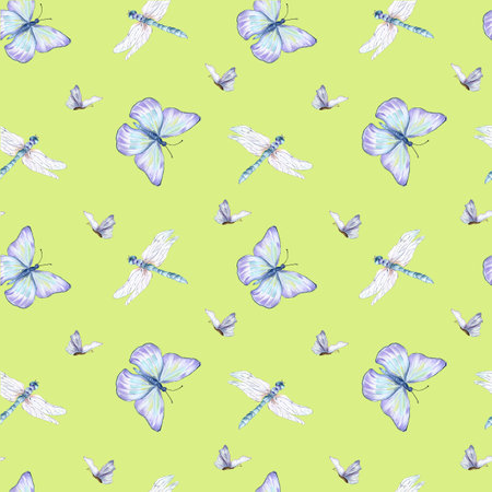 Blue butterflies, dragonflies watercolor seamless pattern on green.の写真素材