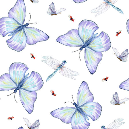 Blue butterflies, dragonflies and ladybugs watercolor seamless pattern on white.の写真素材