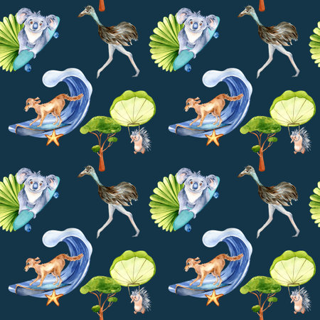 Cartoon animals watercolor seamless pattern isolated on dark.の写真素材