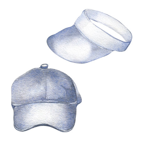 Two caps, visor watercolor illustration isolated on white background. Womans stylish outfit, womans summer accessories hand drawn. Design for shop, sale, magazine, packaging, showcase, patternの写真素材