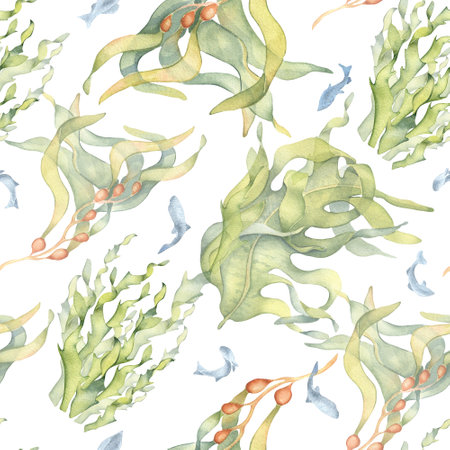 Seamless pattern of colorful sea plants watercolor illustration isolated on white. Laminaria, kelp, herb seaweeds hand drawn. Design for background, textile, packaging, wrapping, marine collectionの写真素材